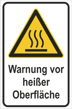 Warnschild aus Alu Verbundmaterial oder Hart PVC mit Symbol nach DIN ISO 7010 Gelb und Text Warnung vor heißer Oberfläche